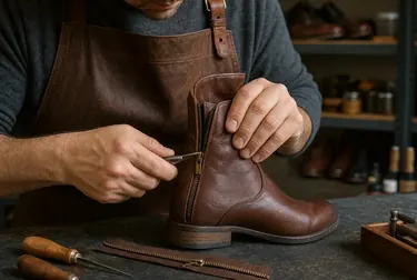 Sapateiro consertando zíper de bota em Jequié.