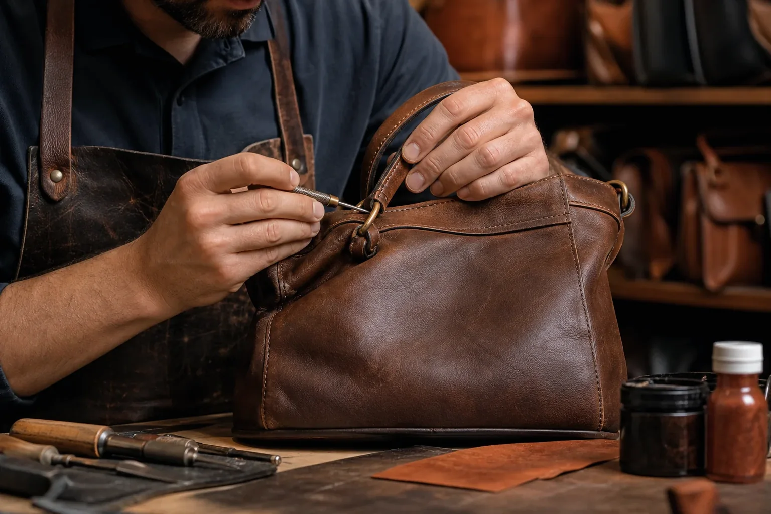 Sapateiro reformando bolsa de couro em Jequié.